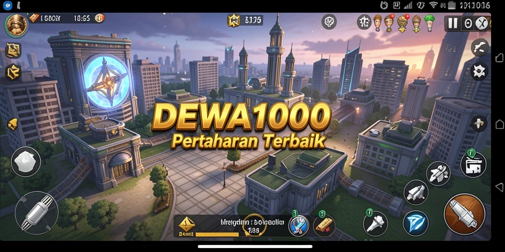 Screenshot gameplay DEWA1000 menampilkan pertahanan menara yang intens.