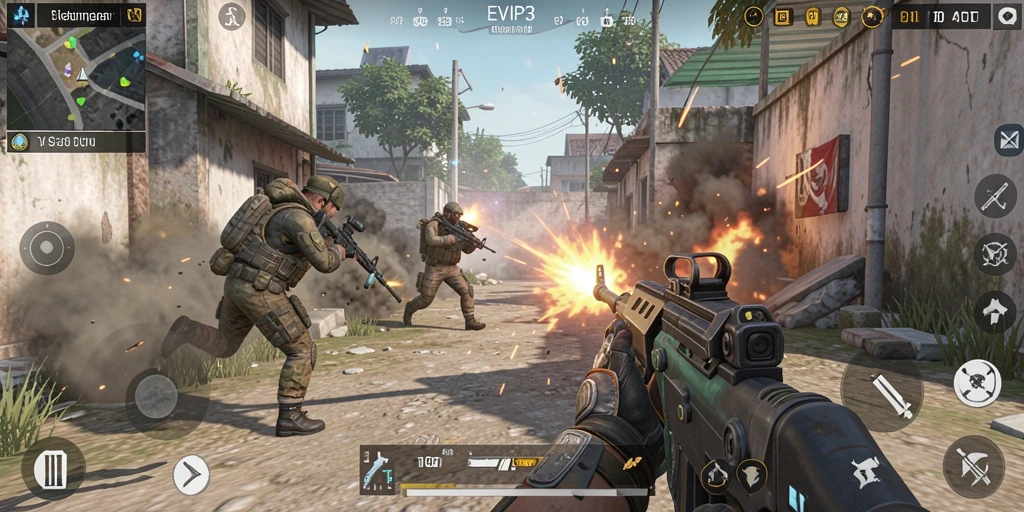 Tampilan layar gameplay seru EVIP3 di medan perang FPS.