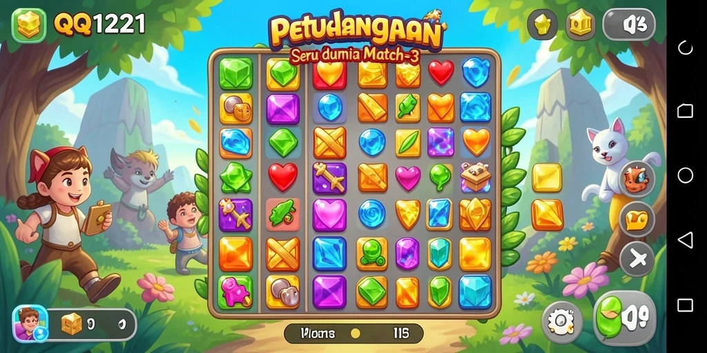 Gameplay seru QQ1221 dengan elemen Match-3 yang berwarna-warni.