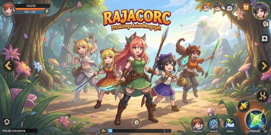 Tampilan dinamis gameplay RAJACORC yang menampilkan karakter Anime.