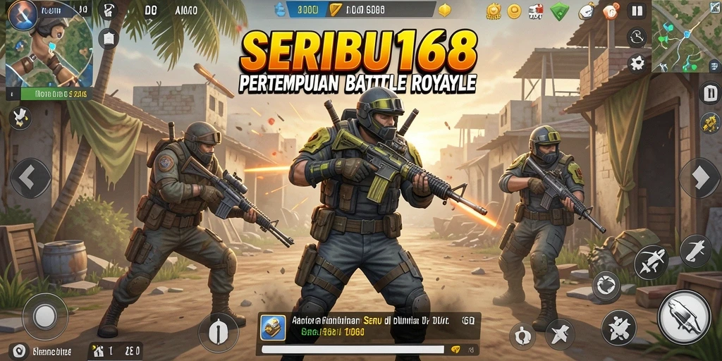 Screenshot SERIBU168 menampilkan aksi pertempuran mendebarkan dalam gameplay Battle Royale.