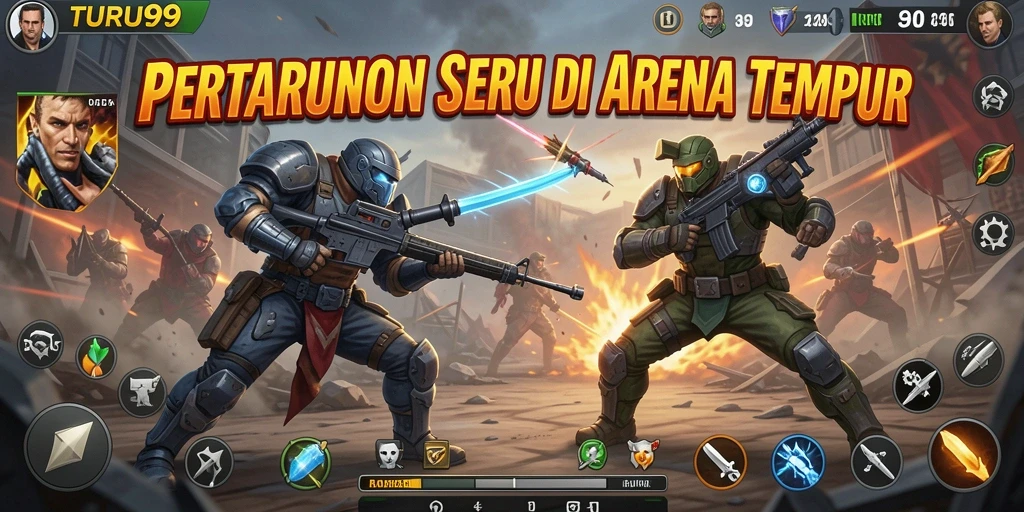 Tampilan gameplay TURU99 yang menampilkan pertarungan seru dan karakter unik.